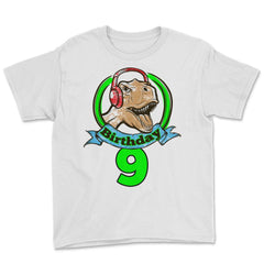 9 year old Birthday T-Rex Dinosaur with Headphones graphic Youth Tee - White
