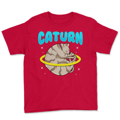 Caturn Cat in Space Planet Saturn Kitty Funny Design design Youth Tee - Red
