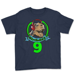 9 year old Birthday T-Rex Dinosaur with Headphones graphic Youth Tee - Navy