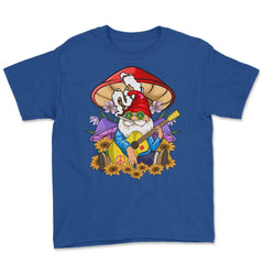 Gnome Hippie Playing Guitar Under a Mushroom Sunflowers graphic Youth - Royal Blue