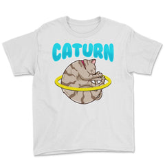 Caturn Cat in Space Planet Saturn Kitty Funny Design design Youth Tee - White