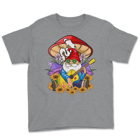 Gnome Hippie Playing Guitar Under a Mushroom Sunflowers graphic Youth - Grey Heather