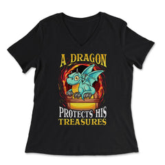 A Dragon Protects His Treasures Mythical Creature Funny graphic - Women's V-Neck Tee - Black