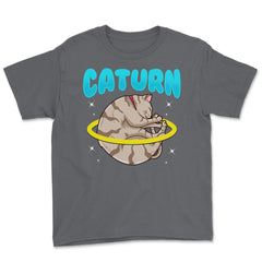 Caturn Cat in Space Planet Saturn Kitty Funny Design design Youth Tee - Smoke Grey