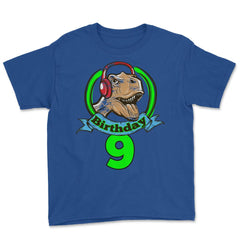 9 year old Birthday T-Rex Dinosaur with Headphones graphic Youth Tee - Royal Blue