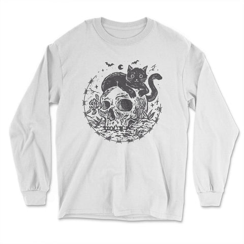 Mysterious Black Cat On A Skull Witchy Aesthetic Grunge print - Long Sleeve T-Shirt - White