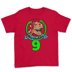 9 year old Birthday T-Rex Dinosaur with Headphones graphic Youth Tee - Red