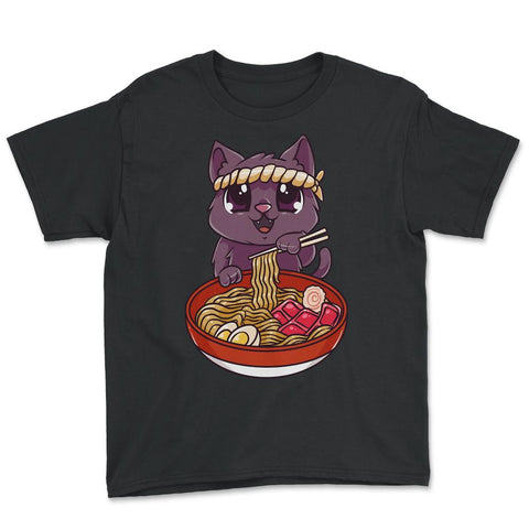Cat eating Ramen Cute Kawaii Kitten Eating Noodles Gift design Youth - Black