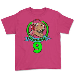 9 year old Birthday T-Rex Dinosaur with Headphones graphic Youth Tee - Heliconia