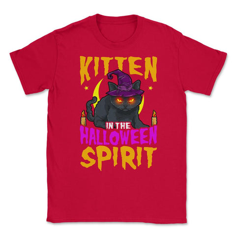 Kitten in the Halloween Spirit Cute Cat with Witch Unisex T-Shirt - Red