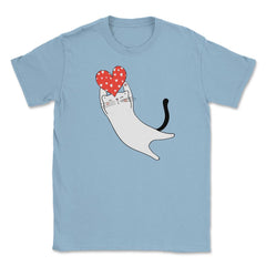 Happy Valentine Cat with Heart Funny Gift print Unisex T-Shirt - Light Blue