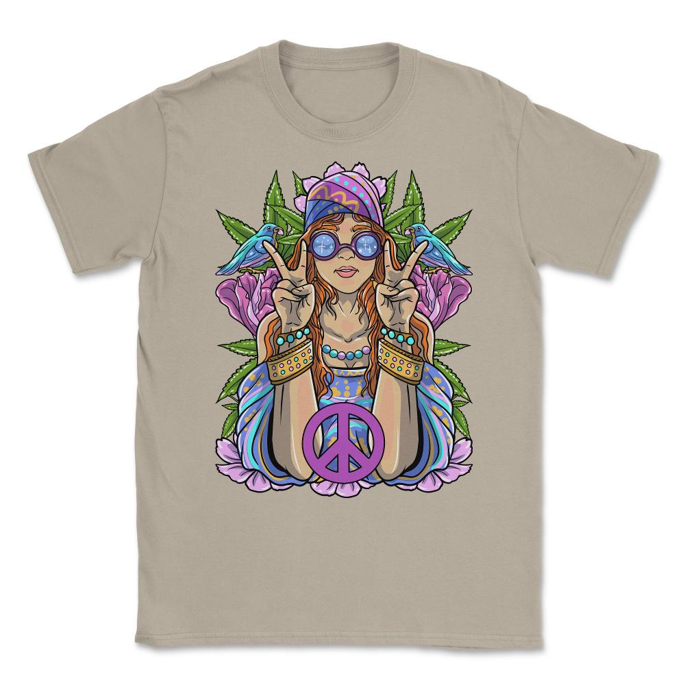 Hippie Girl with Peace Sign Forest Flowers and Birds Design product - Cream