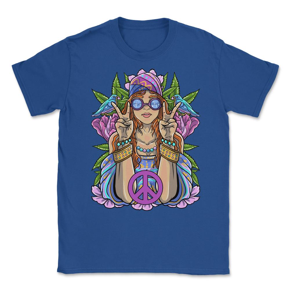 Hippie Girl with Peace Sign Forest Flowers and Birds Design product - Royal Blue
