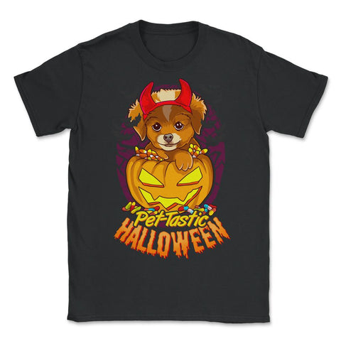 Adorable Puppy Inside Jack'O Lantern Design With Candy Corn graphic - Unisex T-Shirt - Black