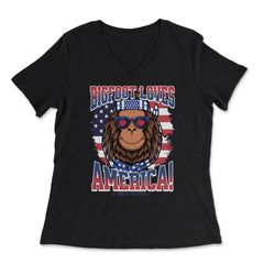 Patriotic Bigfoot Loves America! 4th of July graphic - Women's V-Neck Tee - Black