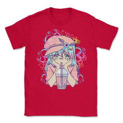Anime Pastel Girl Drinking Bubble Tea Boba Lover Gift print Unisex - Red