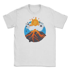 Funny Bitcoin Symbol flying out of a Volcano for Crypto Fans design - White