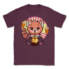 Kawaii Red Panda Drinking Boba Tea Bubble Tea print Unisex T-Shirt - Maroon