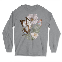 Pollinator Butterflies & Flowers Cottage core Botanical graphic - Long Sleeve T-Shirt - Grey Heather