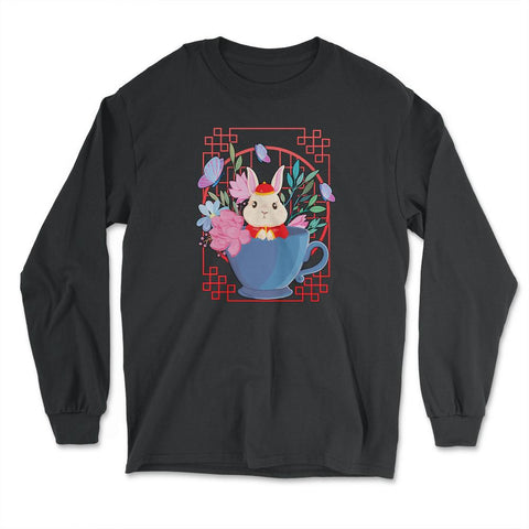 Chinese New Year Rabbit 2023 Rabbit in a Teacup Chinese print - Long Sleeve T-Shirt - Black