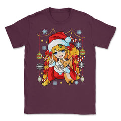 Anime Christmas Santa Anime Girl with Corgi Puppy Funny graphic - Maroon