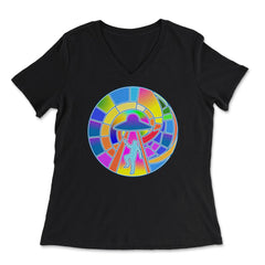 Stained Glass Art UFO Abduction Colorful Glasswork Design print - Women's V-Neck Tee - Black
