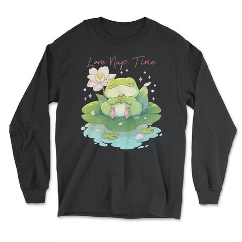 Cute Kawaii Baby Frog Napping in a Waterlily Pad graphic - Long Sleeve T-Shirt - Black