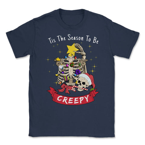 Tis the Reason to be Creepy Funny Christmas Skeleton Tree graphic - Navy