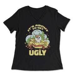 It's About to Get Ugly Funny Saying Christmas Tree & Cat print - Women's V-Neck Tee - Black