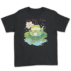 Cute Kawaii Baby Frog Napping in a Waterlily Pad graphic - Youth Tee - Black