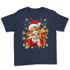 Anime Christmas Santa Anime Girl with Corgi Puppy Funny graphic Youth - Navy