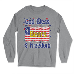God Bless Beer & Freedom Funny 4th of July Patriotic graphic - Long Sleeve T-Shirt - Grey Heather