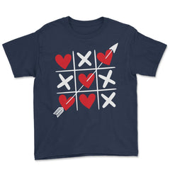 Tic Tac Toe Valentine's Day XOXO Hearts & Crosses graphic Youth Tee - Navy