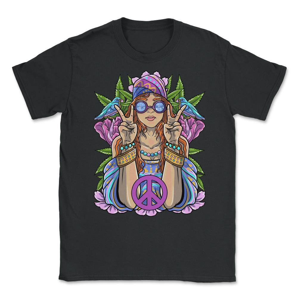 Hippie Girl with Peace Sign Forest Flowers and Birds Design product - Black