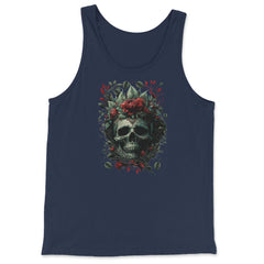 Skull with Red Flowers & Leaves Floral Gothic design - Tank Top - Navy