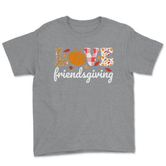Love Friendsgiving Text with Pumpkin & Autumn Leaves graphic Youth Tee - Grey Heather