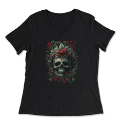 Skull with Red Flowers & Leaves Floral Gothic design - Women's V-Neck Tee - Black