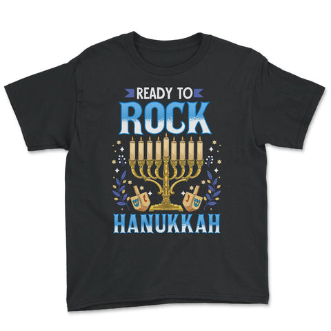 Ready To Rock Hanukkah Jewish Hanukah Holiday print Youth Tee - Black