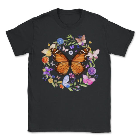 Pollinator Butterflies & Flowers Cottage core Aesthetic product - Unisex T-Shirt - Black