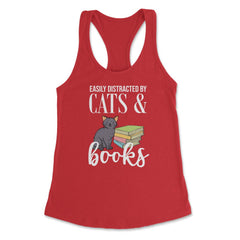 Funny Easily Distracted By Cats And Books Cat Book Lover Gag graphic - Red