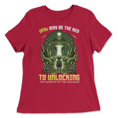 Alien Design UFO Ship - Unlocking Secrets Of The Universe print - Women's Relaxed Tee - Red