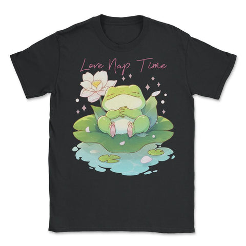Cute Kawaii Baby Frog Napping in a Waterlily Pad graphic - Unisex T-Shirt - Black