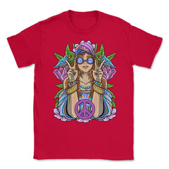 Hippie Girl with Peace Sign Forest Flowers and Birds Design product - Red
