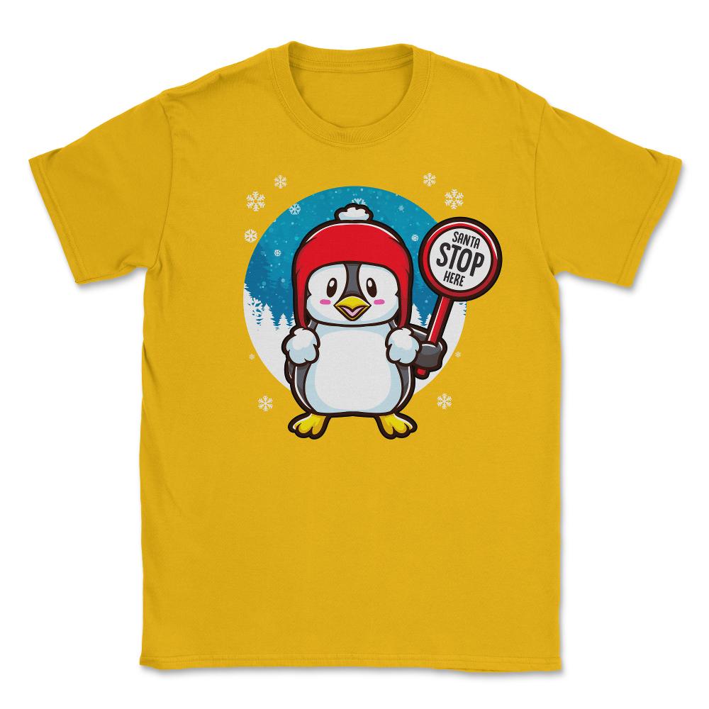 Penguin Christmas Funny Santa Stops Here design Unisex T-Shirt - Gold