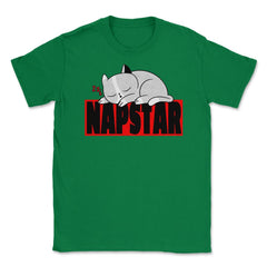 Funny Kawaii Kitten Sleeping Nap Star Cat print Unisex T-Shirt - Green