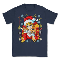 Anime Christmas Santa Anime Girl with Corgi Puppy Funny graphic - Navy