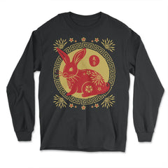 Chinese New Year of the Rabbit 2023 Symbol & Flowers design - Long Sleeve T-Shirt - Black
