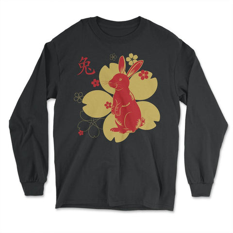 Chinese New Year of the Rabbit 2023 Symbol & Flowers print - Long Sleeve T-Shirt - Black