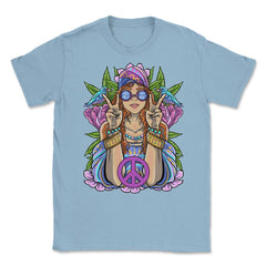 Hippie Girl with Peace Sign Forest Flowers and Birds Design product - Light Blue