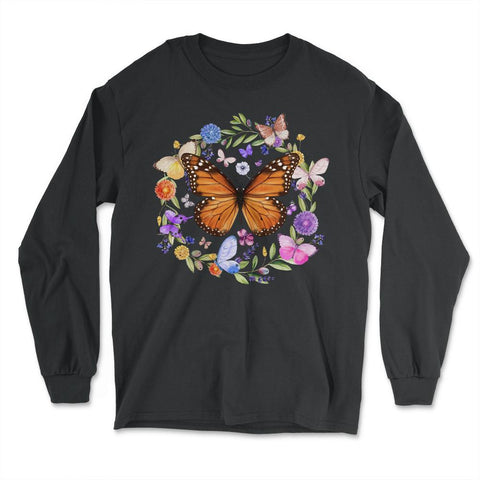 Pollinator Butterflies & Flowers Cottage core Aesthetic product - Long Sleeve T-Shirt - Black